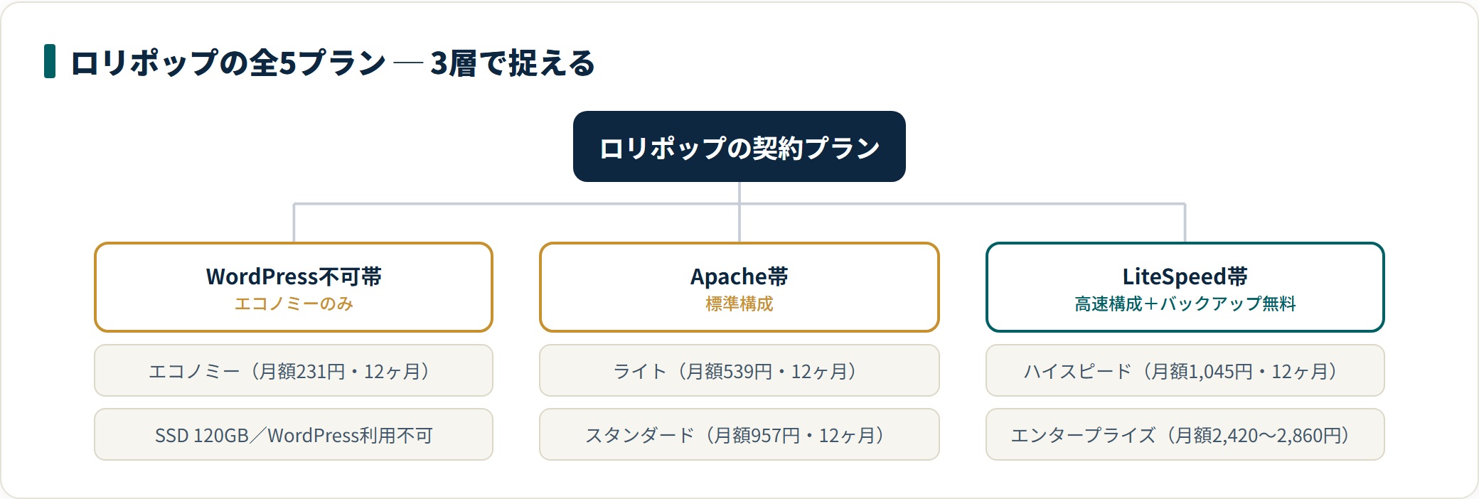 図：ロリポップは「WordPress不可帯／Apache帯／LiteSpeed帯」の3層で選ぶ（税込・2026年7月19日時点の公式表示）